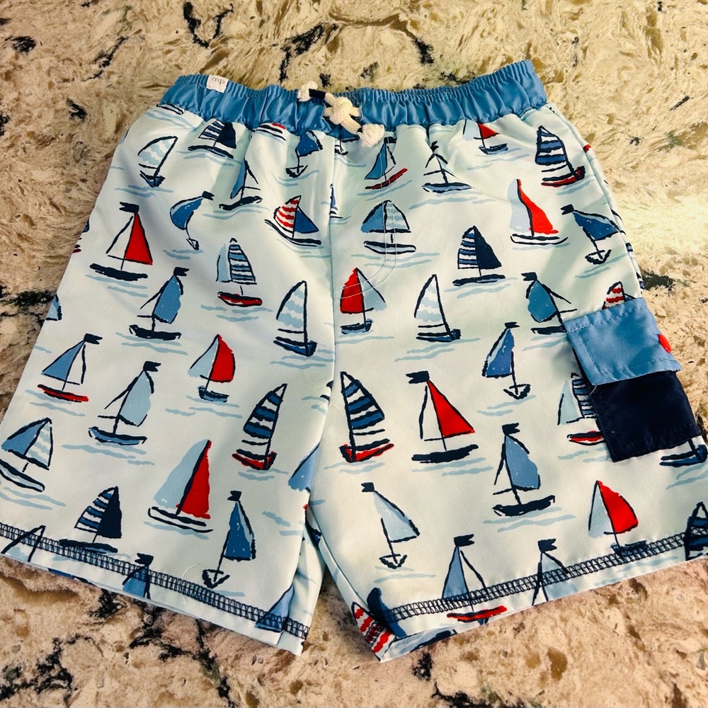 Mud Pie Kids Swim Trunks with Nautical Sailboat Print - Blue and Red